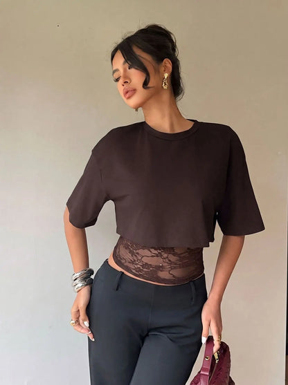 T-shirt Col Montant Femme – Effet Deux Pièces et Dentelle