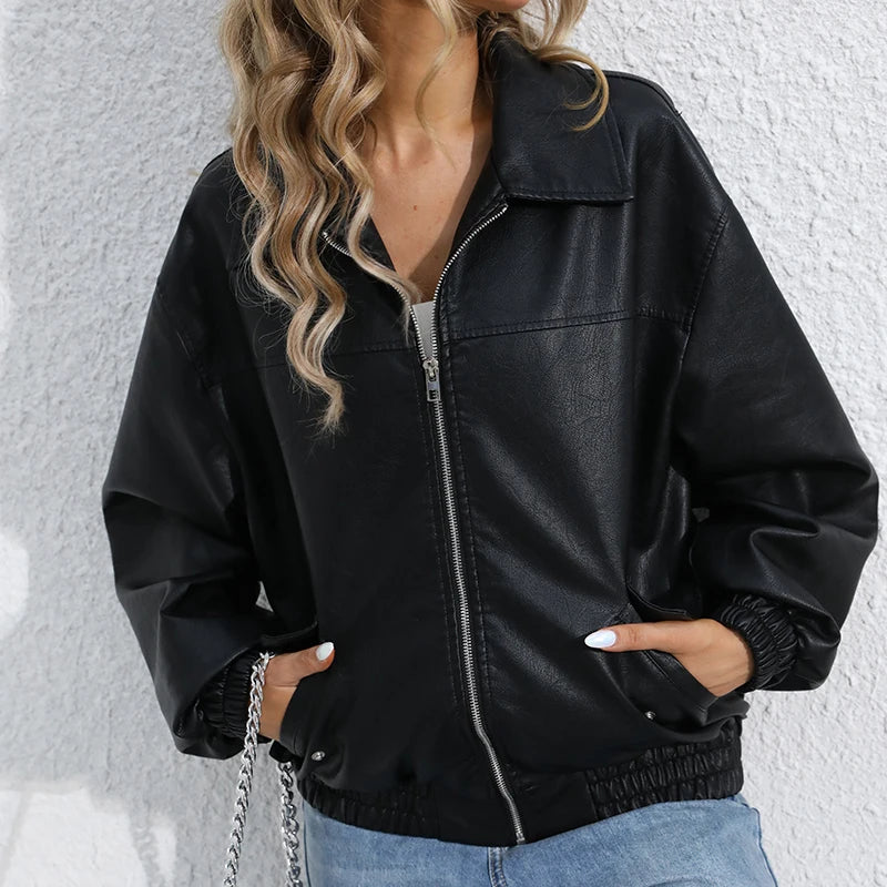 Veste en faux cuir PU décontracté ample pour femmes