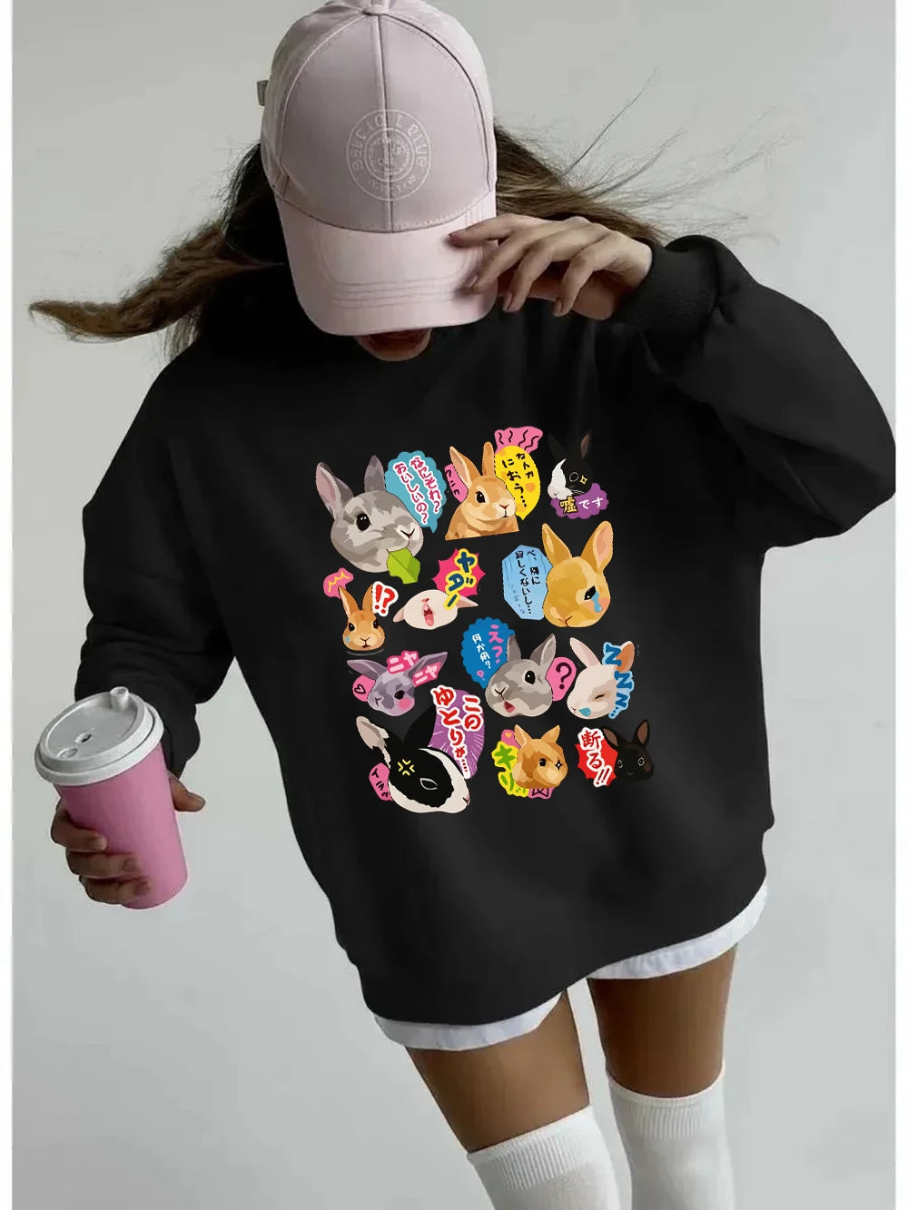 Sweat-shirts à imprimés lapins japonais pour femmes