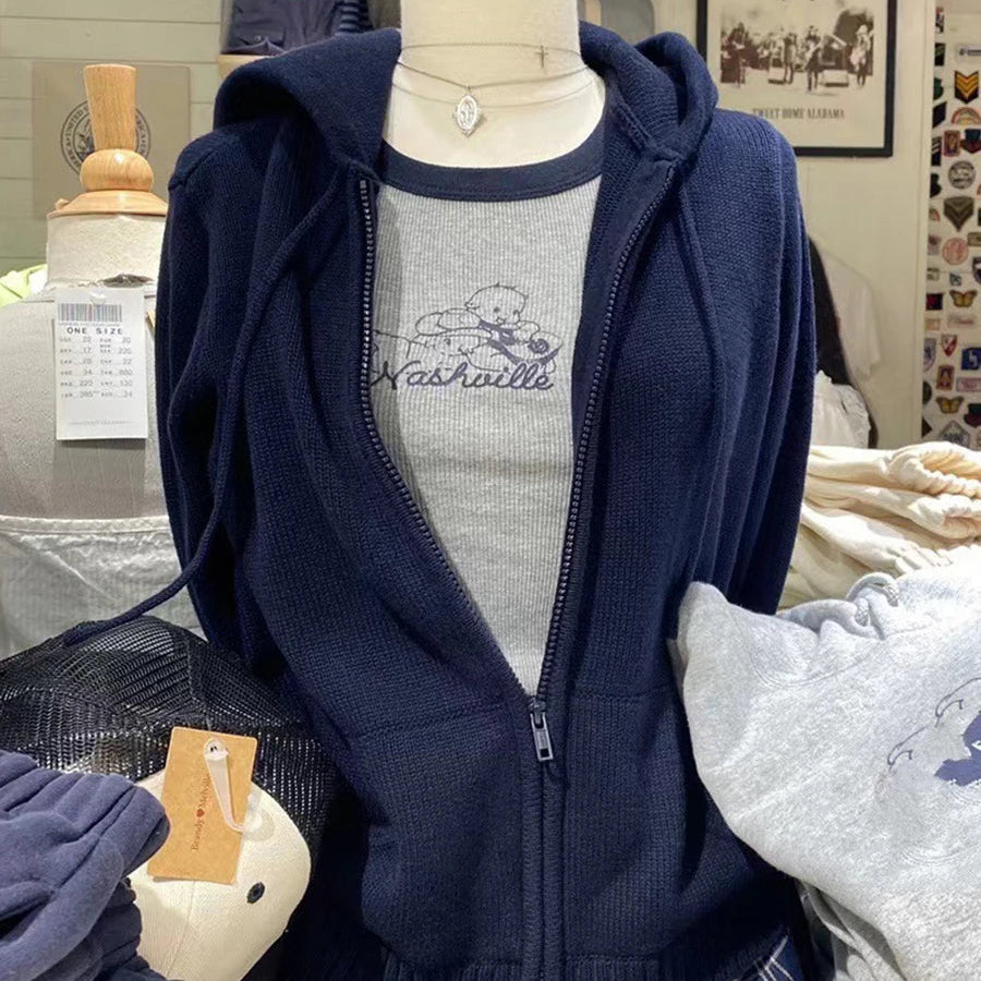 Cardigan tricoté en coton à capuche avec cordon de serrage et fermeture éclair pour femmes
