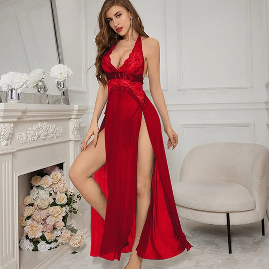 Robe de Nuit Longue Rouge Femme – Dentelle Transparente et Fente