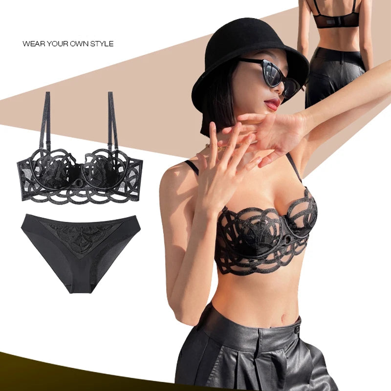 Ensemble soutien-gorge en dentelle ultra fine et respirante, string et culotte pour femmes