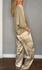 Ensemble deux pièces chemise à manches mi-longues et pantalon décontracté en satin lisse pour femmes