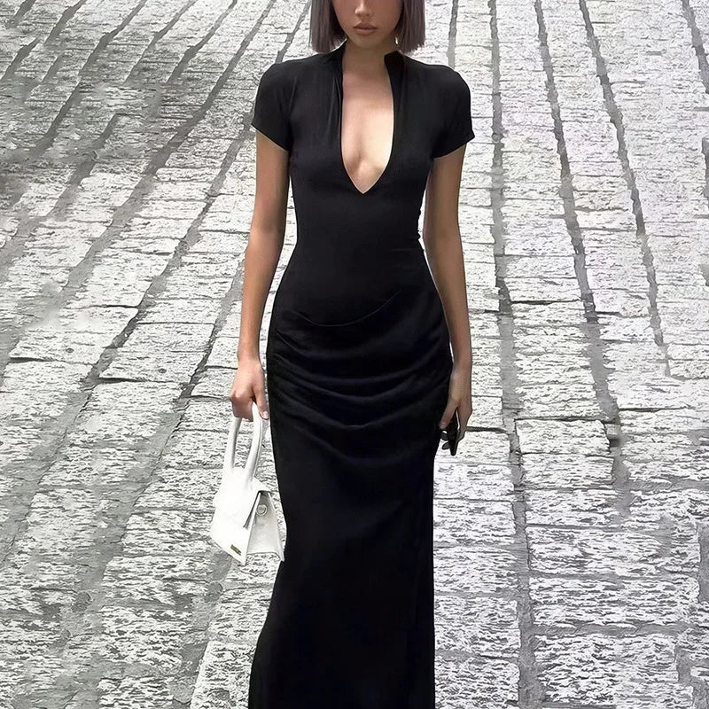 Robe longue noire sexy à fente pour femmes