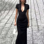 Robe longue noire sexy à fente pour femmes