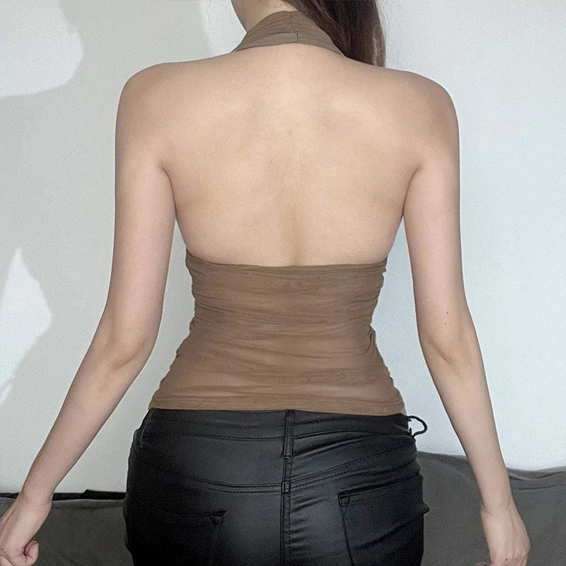 Débardeur Court Femme – Maille Patchwork, Col Licou et Perles