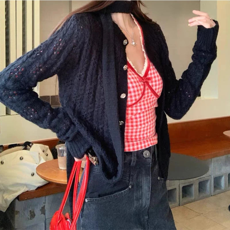 Cardigan Court Ajouré Femme – Style Coréen
