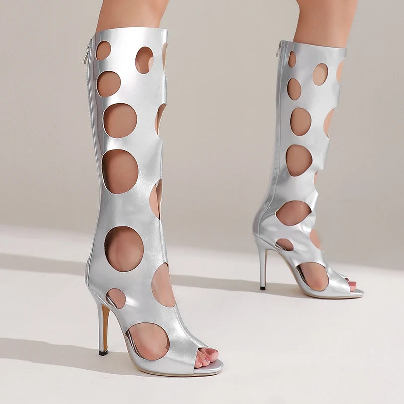 Bottes au genou respirantes avec trou circulaire évidé pour femmes
