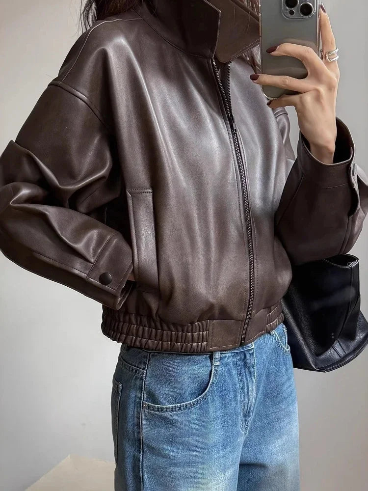 Veste Similicuir Femme – Revers et Manches Longues
