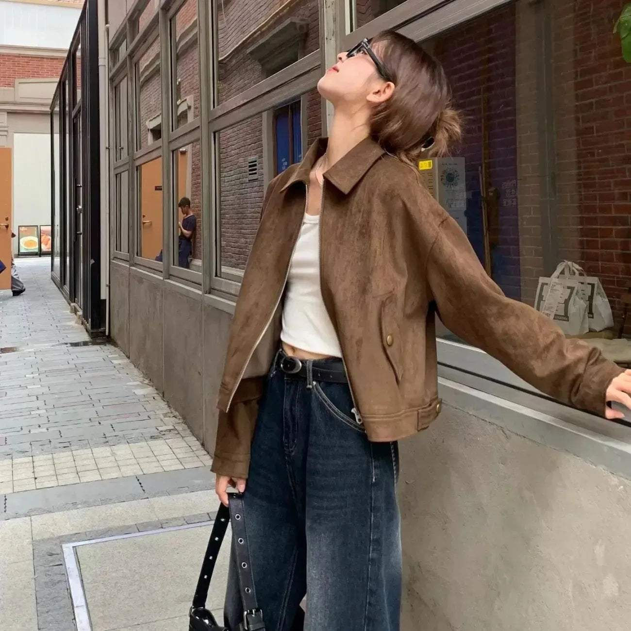 Veste courte en daim marron style américain rétro pour femmes