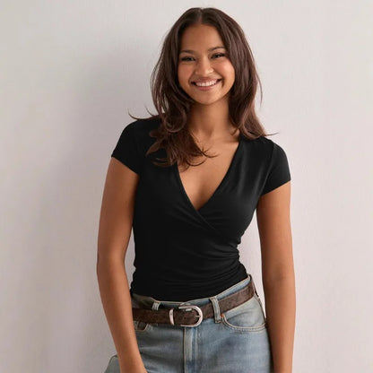 T-Shirt Slim Femme – Col V et Manches Courtes