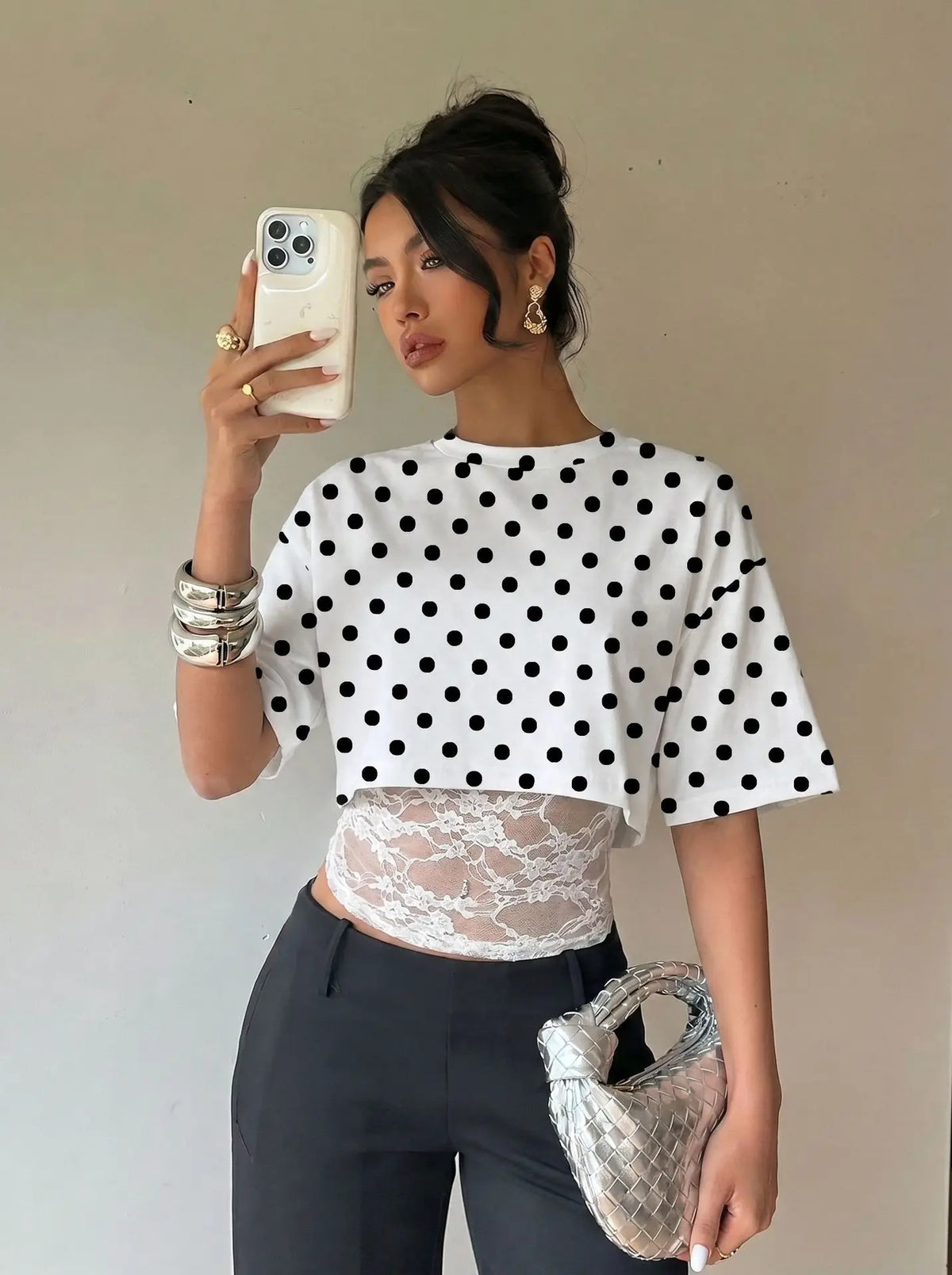 T-shirt Col Montant Femme – Effet Deux Pièces et Dentelle