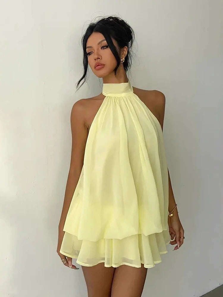 Robe Courte Femme – Mousseline, Col Licou et Dos Nu