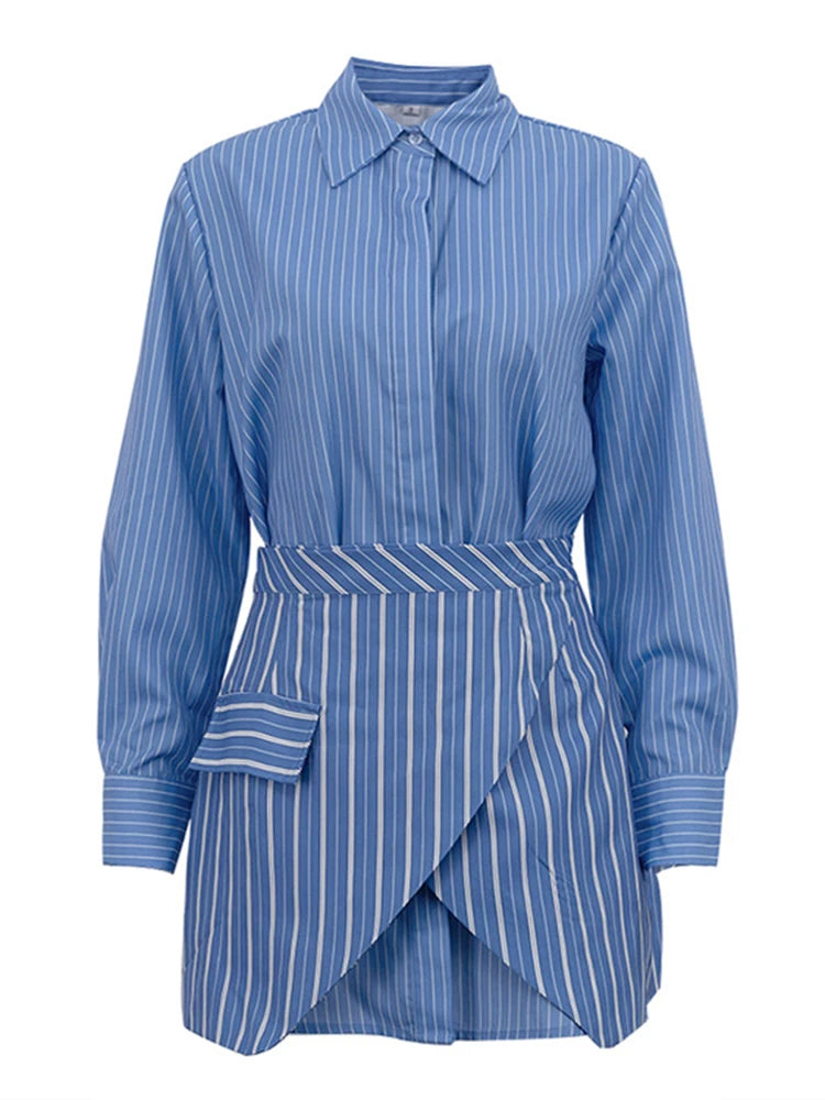 Ensemble deux pièces jupe rayée et chemise à manches longues pour femmes