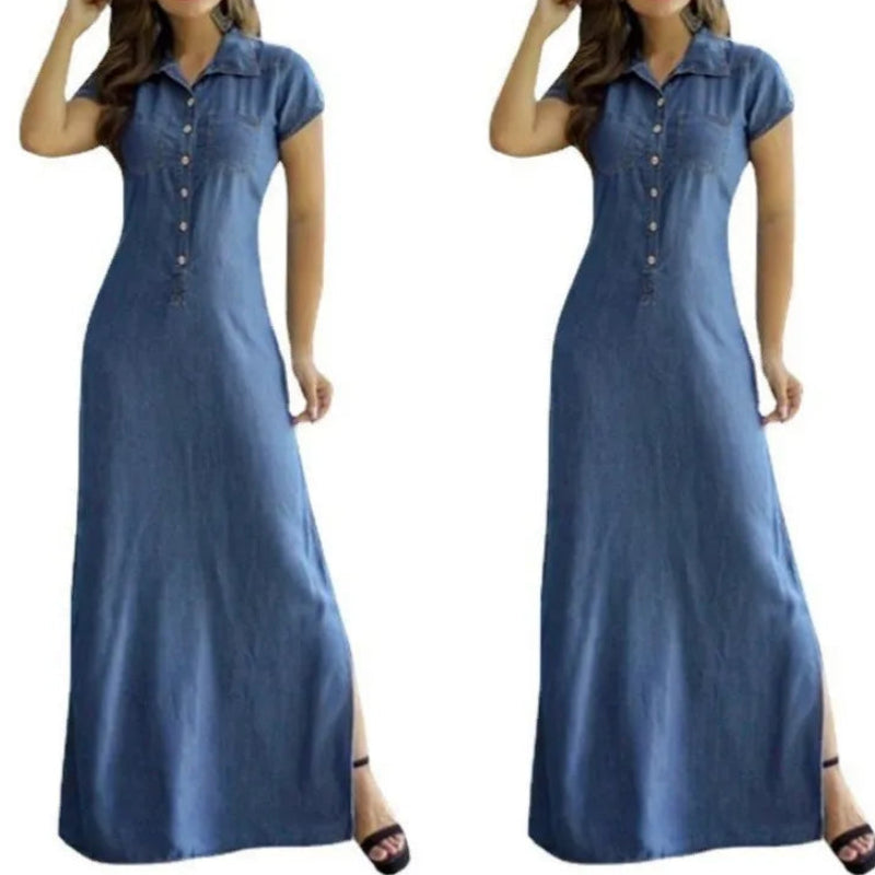 Robe longue en jean décontractée à col de chemise pour femmes