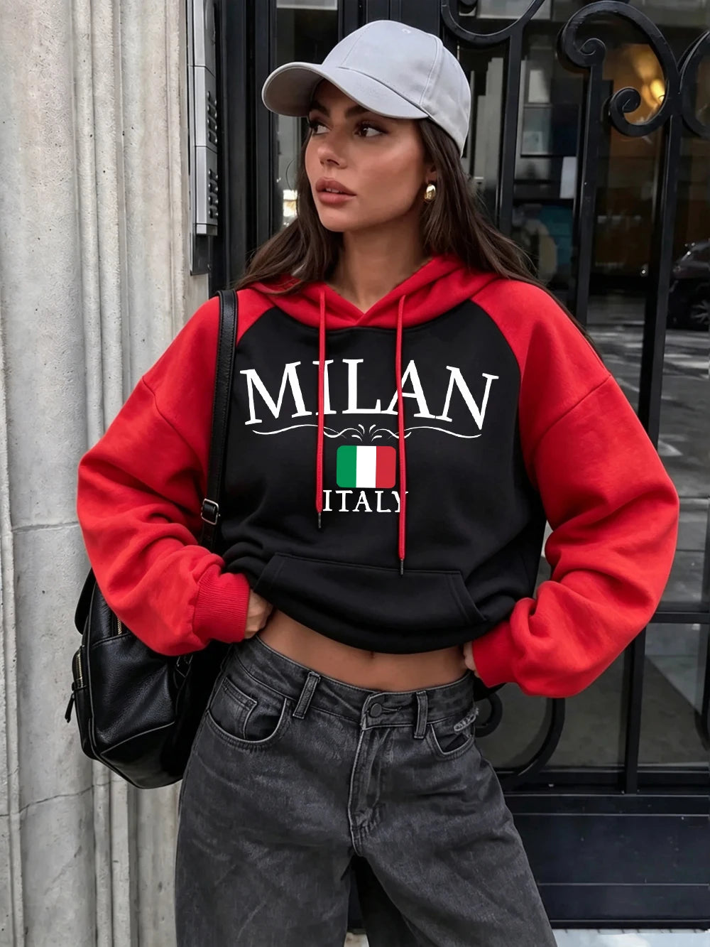 Sweat à capuche raglan imprimé Milan Italie pour femmes