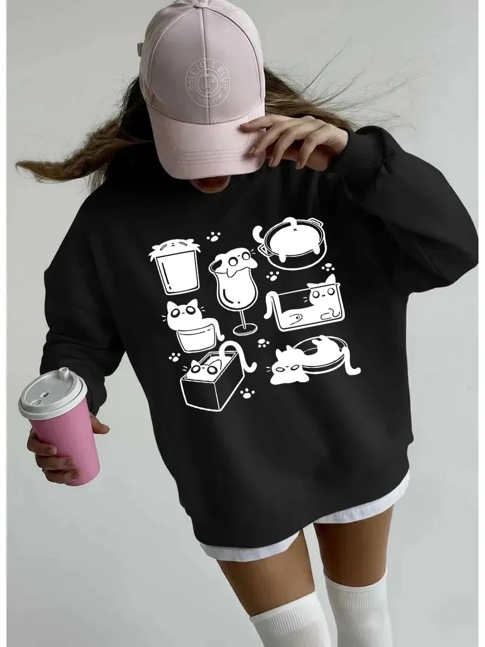 Sweat-shirts à capuche imprimés pattes de chat Art Line pour femmes