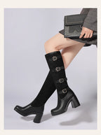 Bottes mi-mollet en PU givré avec boucle de ceinture à cinq rangées et talon ultra-haut pour femmes