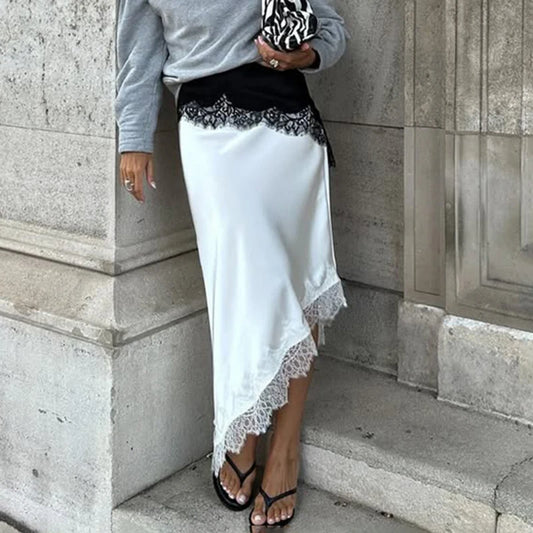 Jupe Longue Satinée Femme – Taille Haute et Dentelle