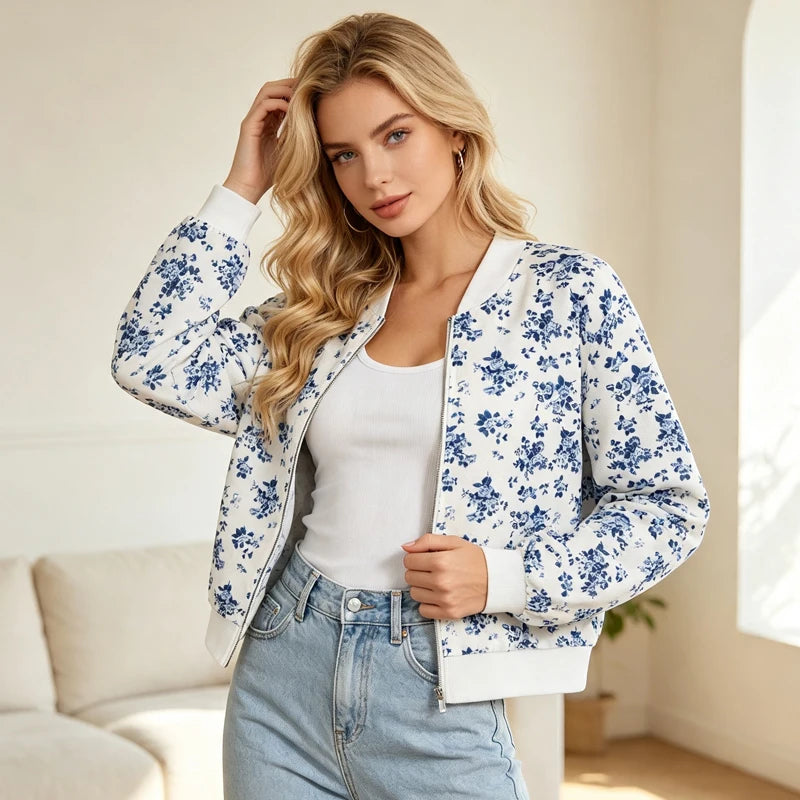 Bomber Vintage Bleu Femme – Imprimé Floral