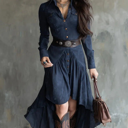 Robe de Soirée Longue Femme – Effet Daim et Ceinture
