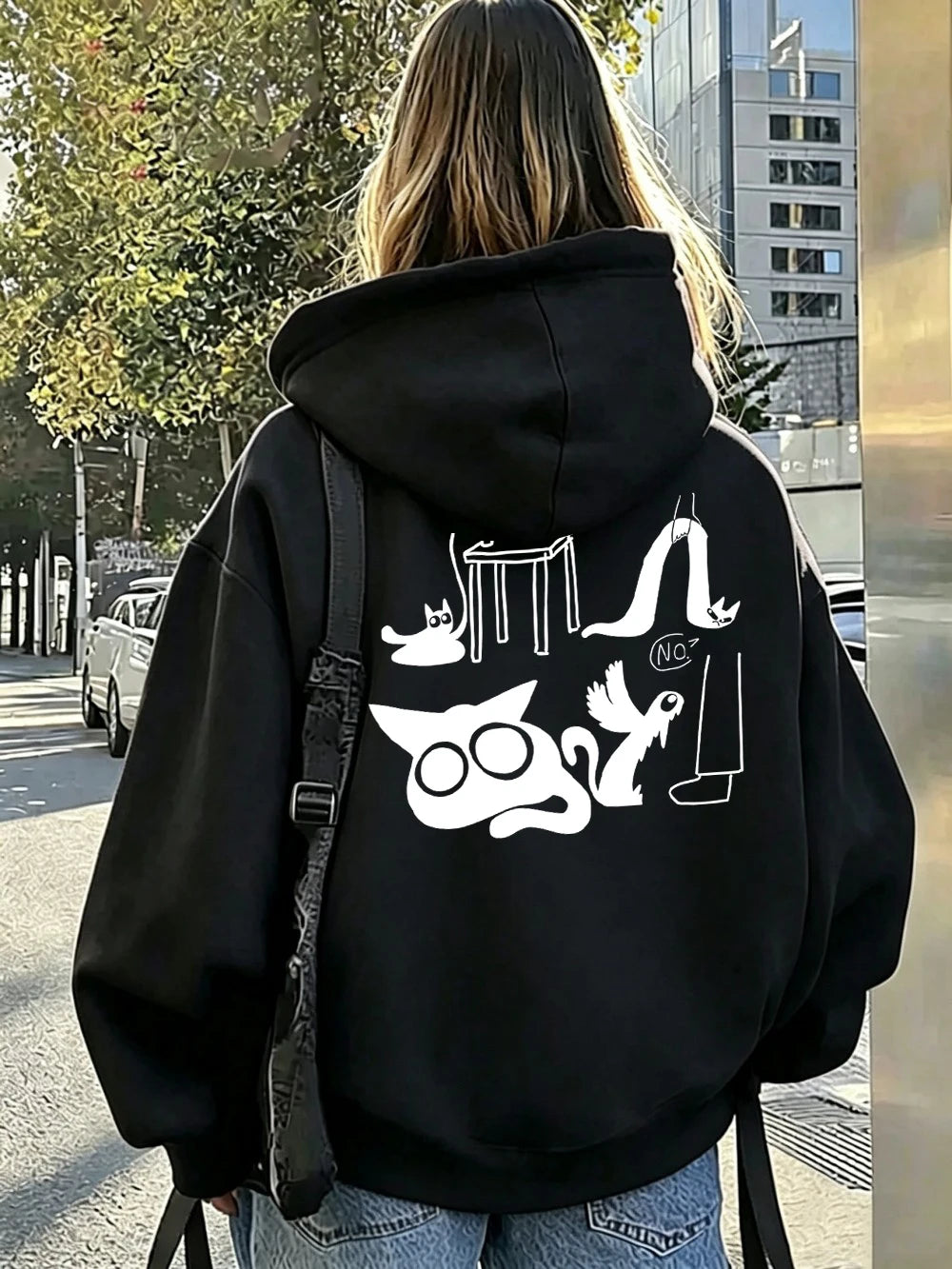 Sweat à capuche imprimé chat rigolo pour femmes