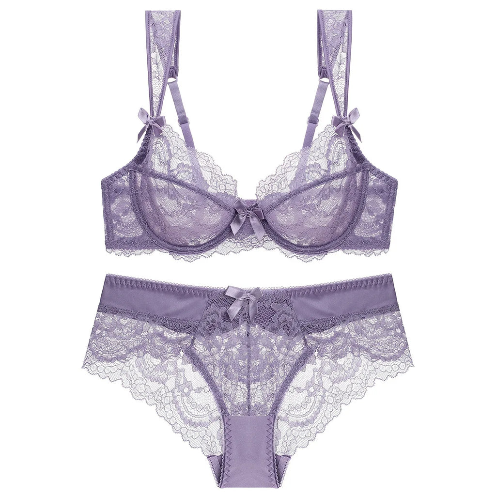 Ensemble de soutien-gorge en dentelle brodée Ultra fin et culotte pour femmes