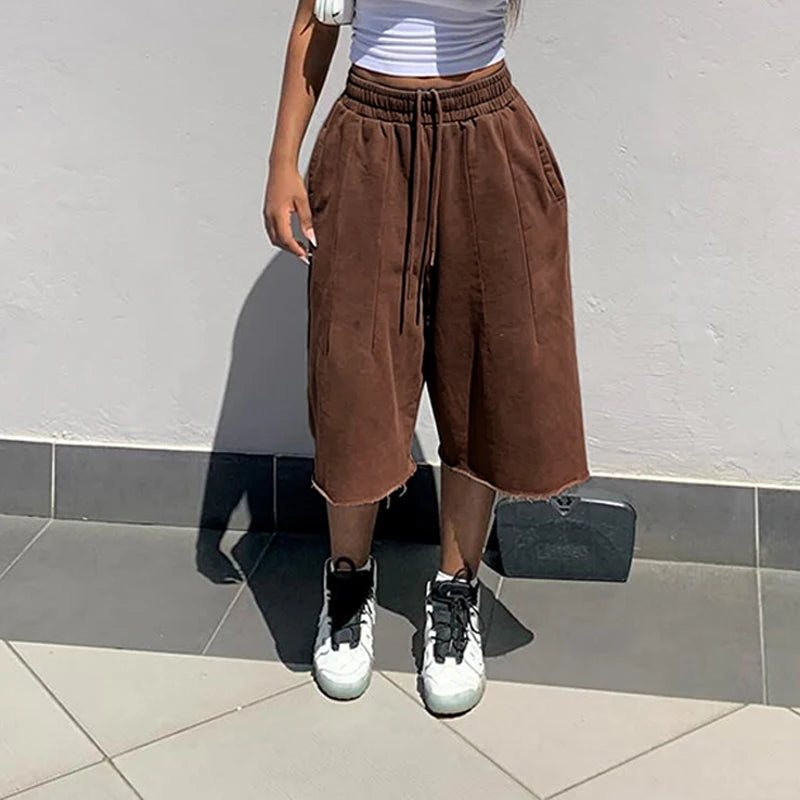 Pantalon large femme taille haute à ourlet effiloché
