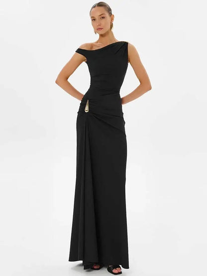 Robe Longue Asymétrique Femme – Une Épaule et Fente Haute