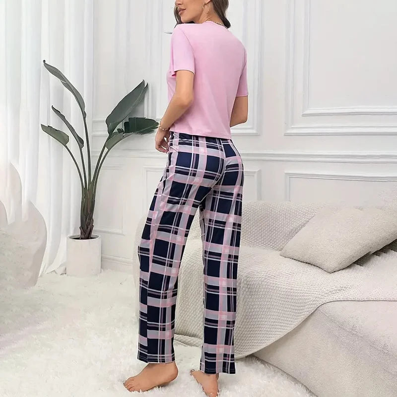 Ensemble de pyjama 2 pièces à imprimé lettre t-shirt doux et confortable et pantalon long à carreaux pour femmes