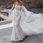 Robe de mariée sirène épaules dénudées à manches bouffantes pour femmes