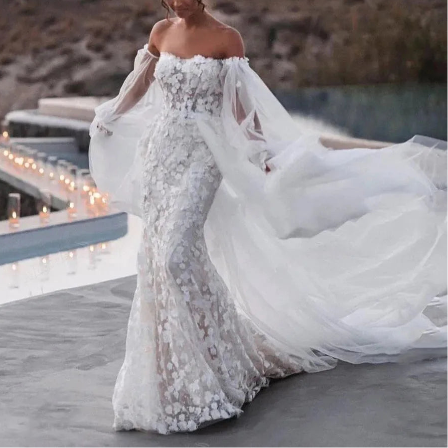 Robe de mariée sirène épaules dénudées à manches bouffantes pour femmes
