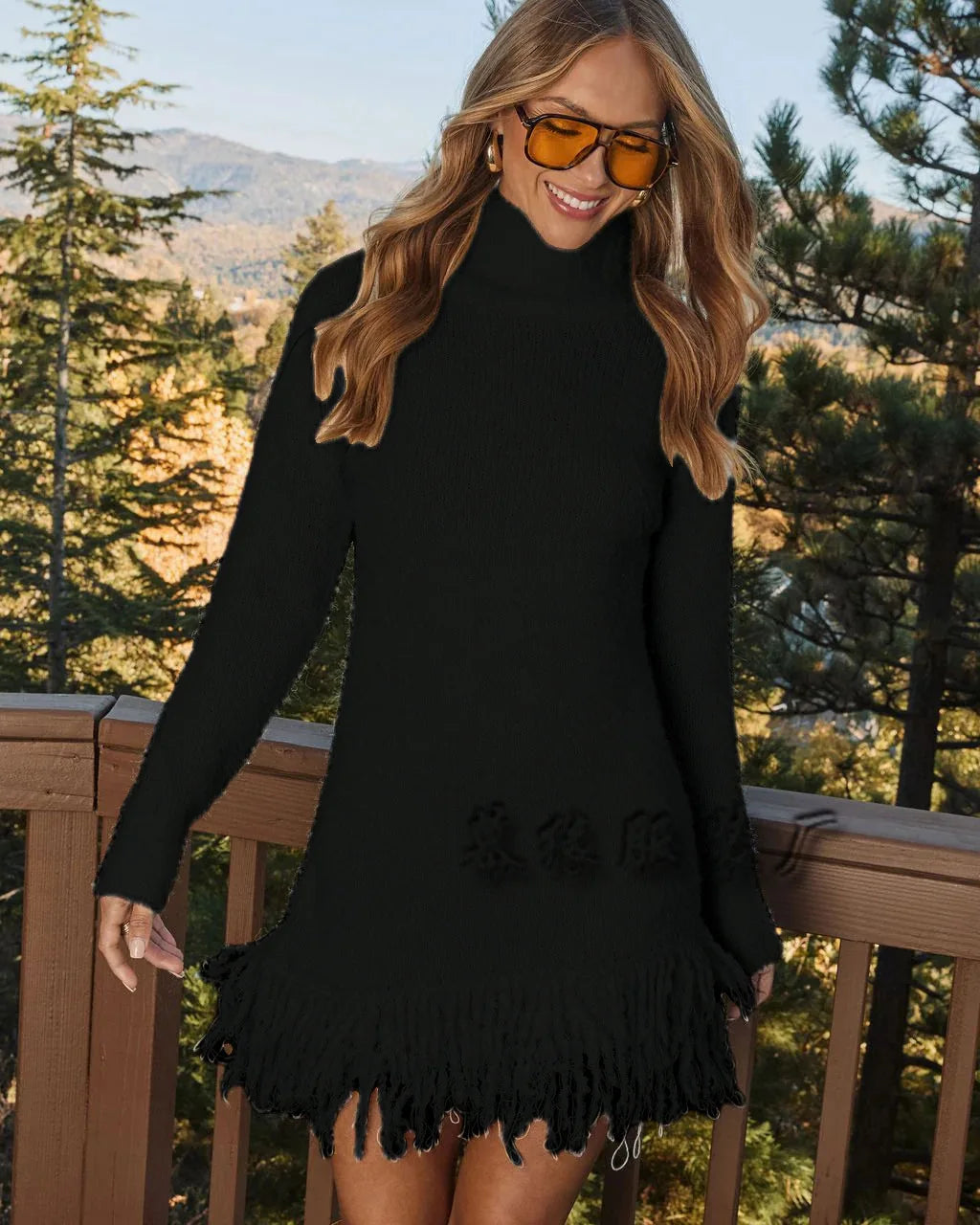 Robe à franges en maille à col roulé pour femmes