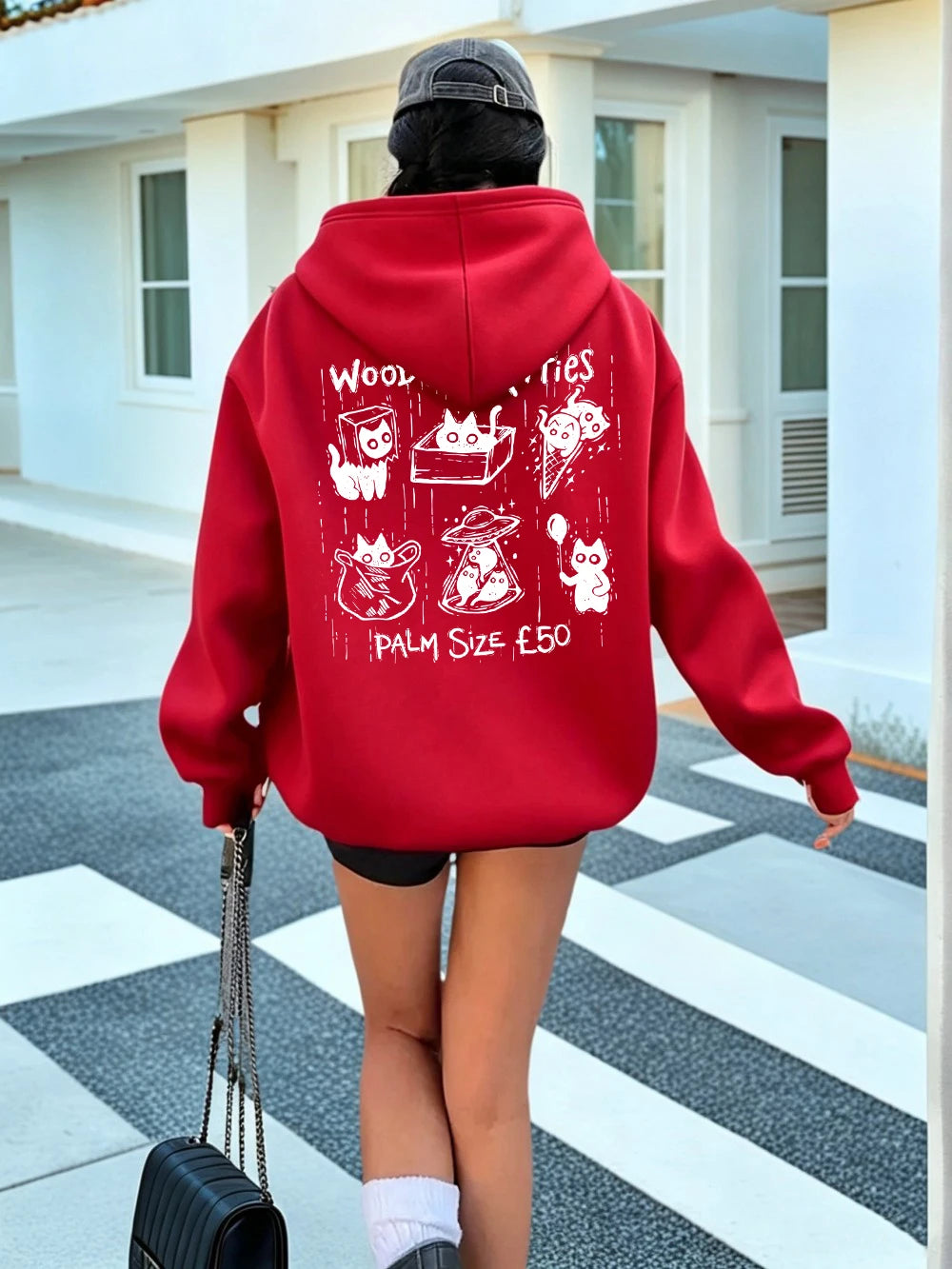 Sweat-shirts à capuche imprimés Woodcut Boxes Pocket Kitties pour femmes