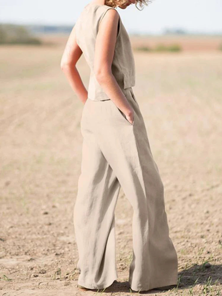 Ensemble deux pièces haut ample à col rond et pantalon à jambes larges pour femmes