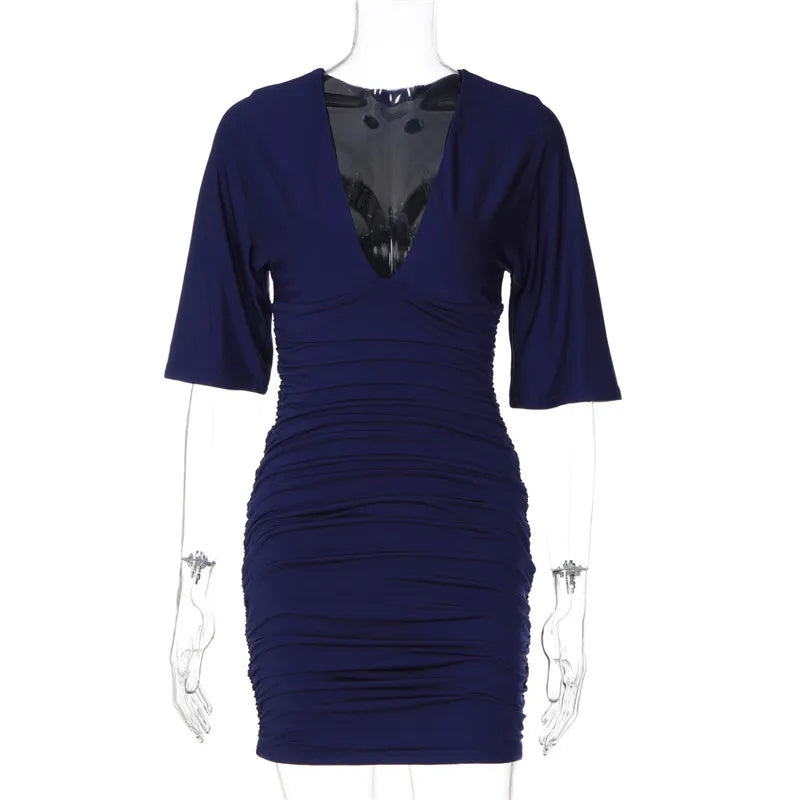 Robe fourreau femme bleu marine à col V et manches courtes