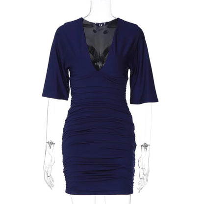 Robe fourreau femme bleu marine à col V et manches courtes