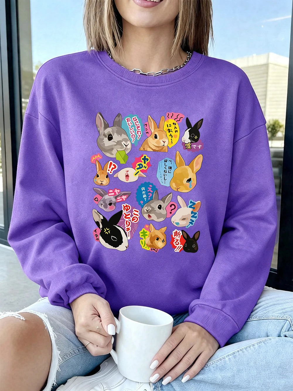 Sweat-shirts à imprimés lapins japonais pour femmes