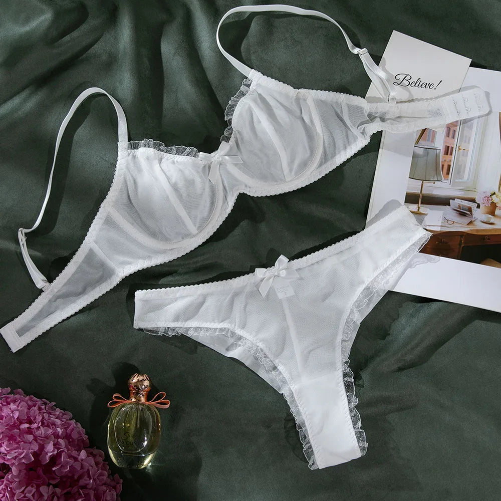 Ensemble de lingerie sexy en maille transparente, soutien-gorge et culotte en dentelle à volants et nœuds pour femmes