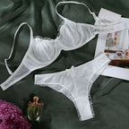 Ensemble de lingerie sexy en maille transparente, soutien-gorge et culotte en dentelle à volants et nœuds pour femmes