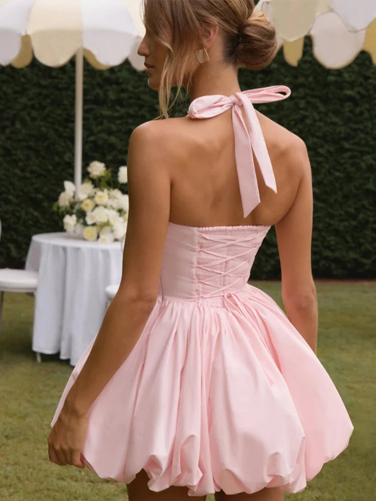 Robe courte bouffante sans manches à lacets pour femmes