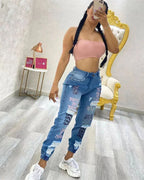 Jeans déchirés à imprimé lettre pour femmes
