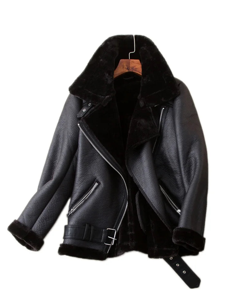 Manteaux d'hiver en faux cuir et fourrure de mouton pour femmes