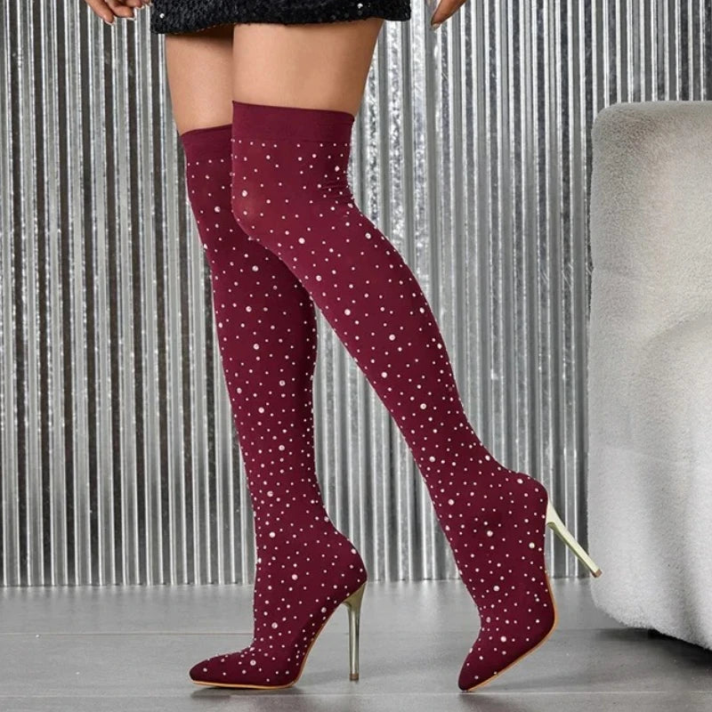 Cuissardes hautes en tissu extensible avec strass en cristal pour femmes