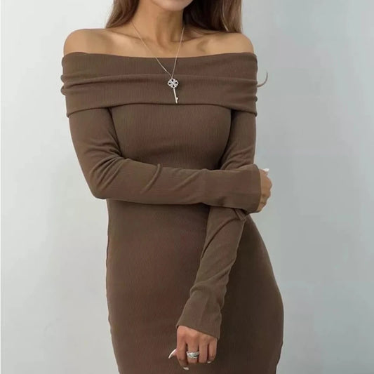 Robe longue femme moulante à col Bardot et manches longues