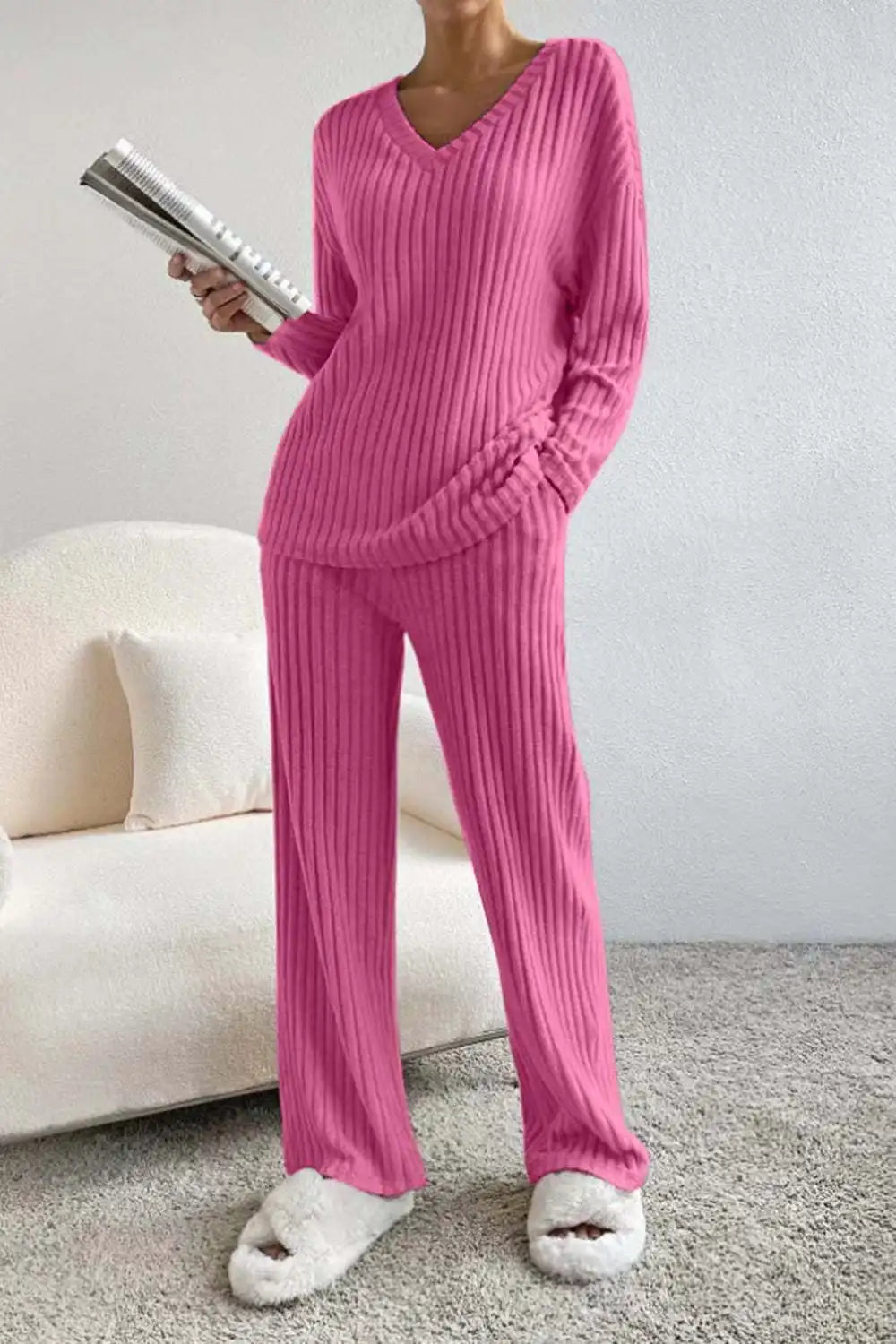 Ensembles 2 pièces pantalons décontractés à jambe droite + hauts élégants en maille à rayures  pour femmes
