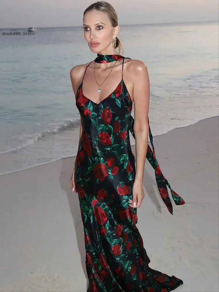 Robe Maxi Sexy imprimée dos nu pour femmes