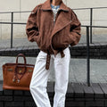 Veste courte ample marron vintage à revers asymétriques pour femmes