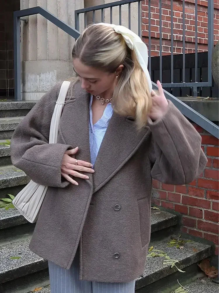 Manteau blazer court en laine unie à double boutonnage pour femmes
