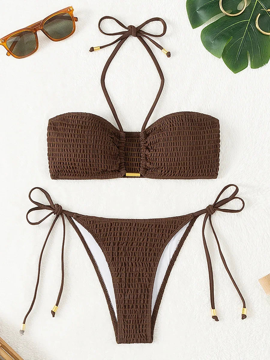 Maillot de bain deux pièces plissé et smocks, pour femmes